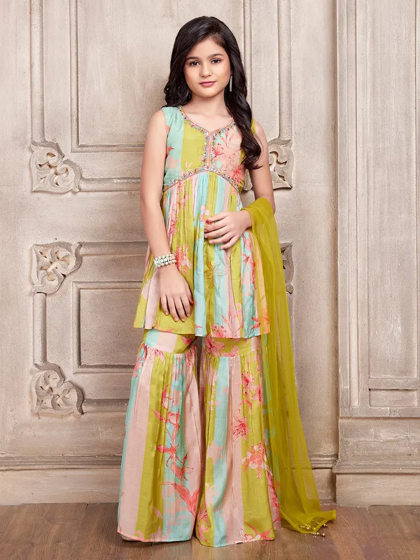 Printed silk green sharara suit