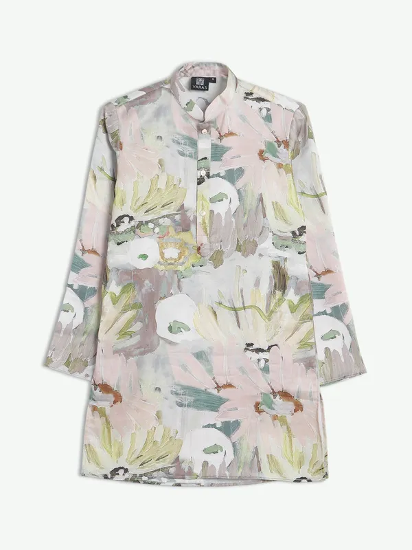Printed silk grey festive kurta suit