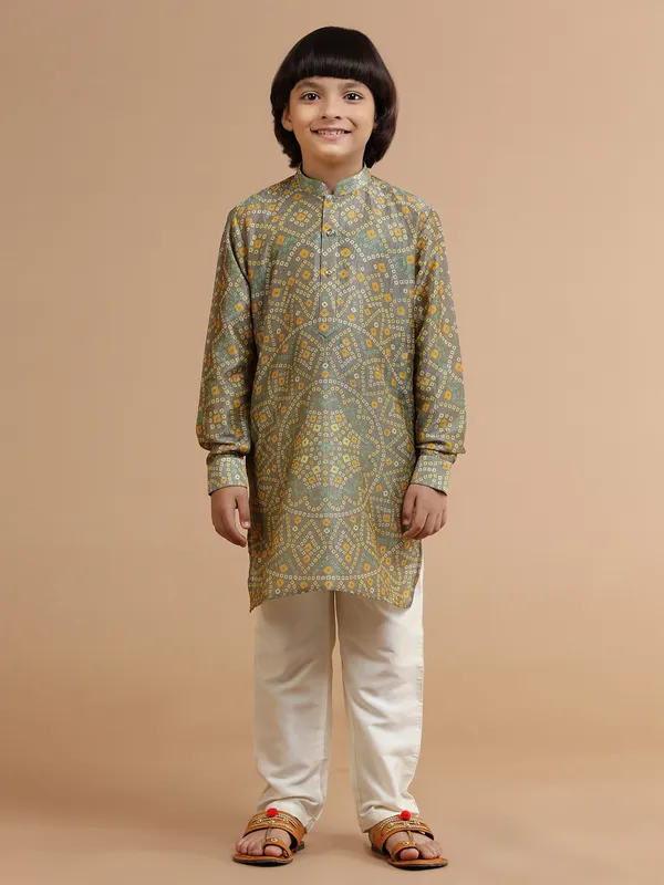 Printed silk grey kurta suit