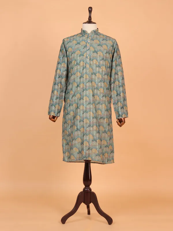 Printed silk kurta suit in green