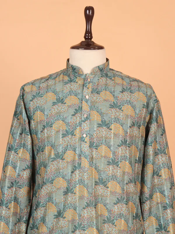 Printed silk kurta suit in green