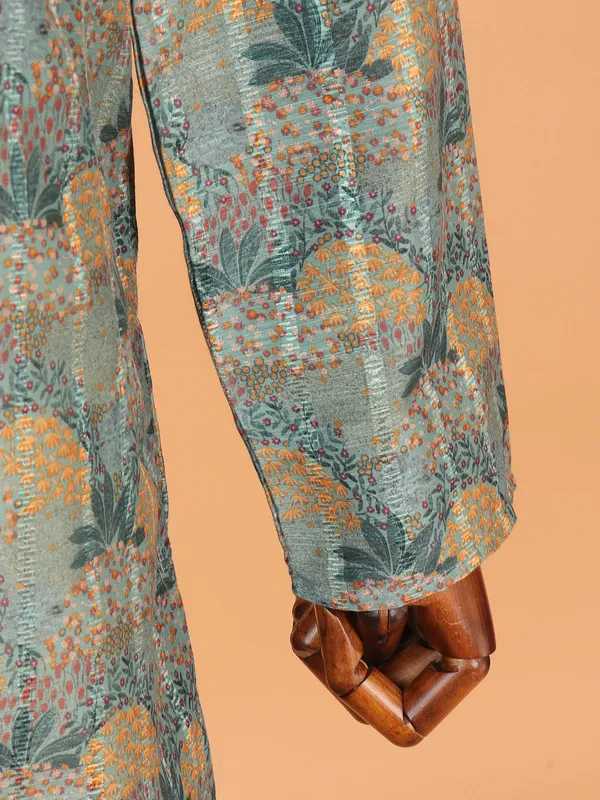 Printed silk kurta suit in green