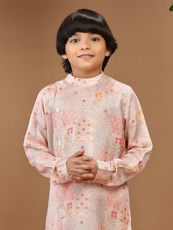 Printed silk light pink kurta suit