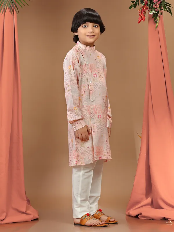 Printed silk light pink kurta suit
