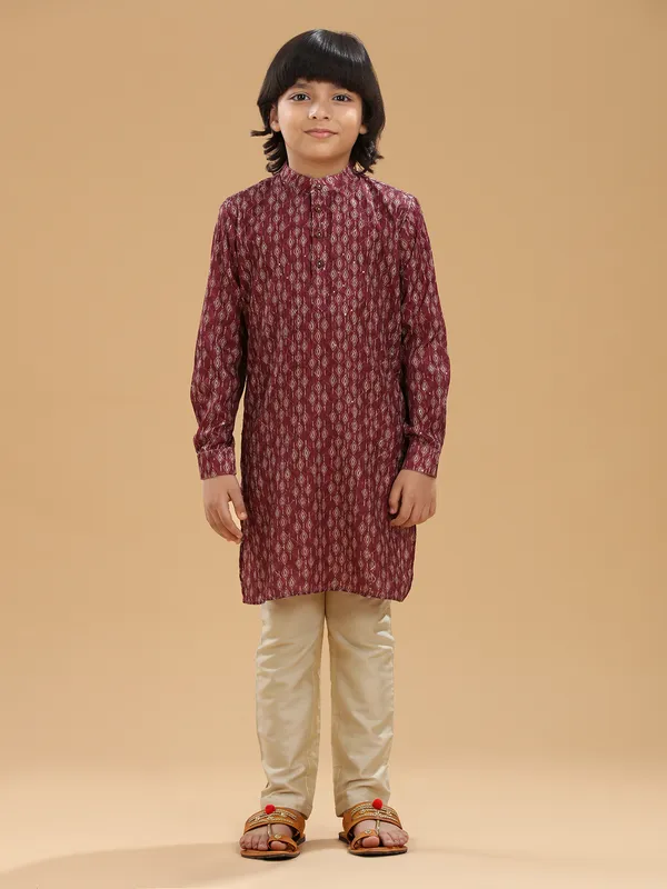 Printed silk maroon kurta suit