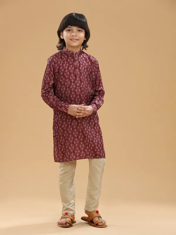 Printed silk maroon kurta suit