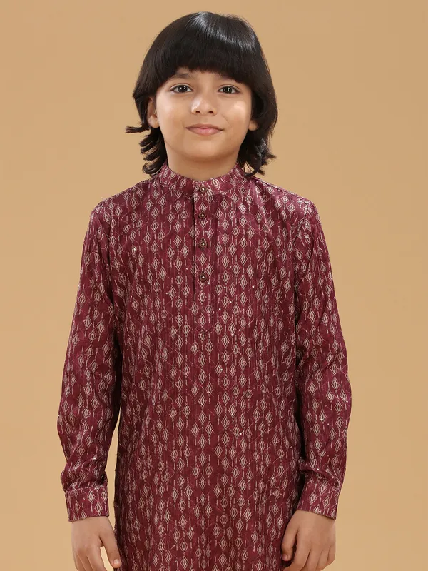 Printed silk maroon kurta suit
