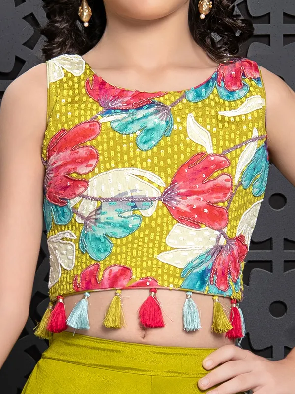 Printed silk mehendi yellow palazzo salwar suit