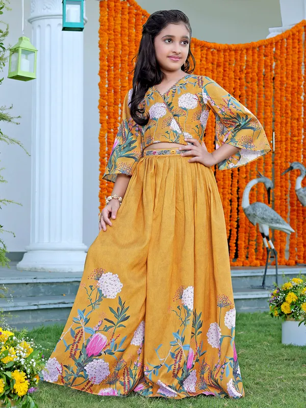 Printed silk mustard yellow crop top with palazzo