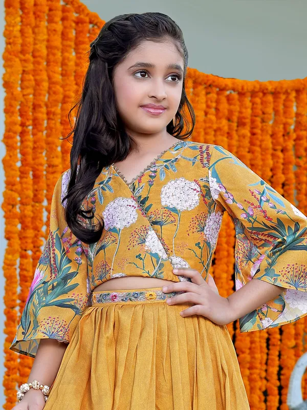 Printed silk mustard yellow crop top with palazzo