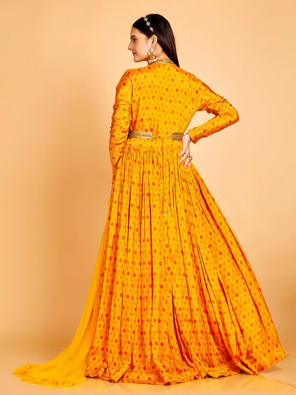 Printed silk mustard yellow floor length suit