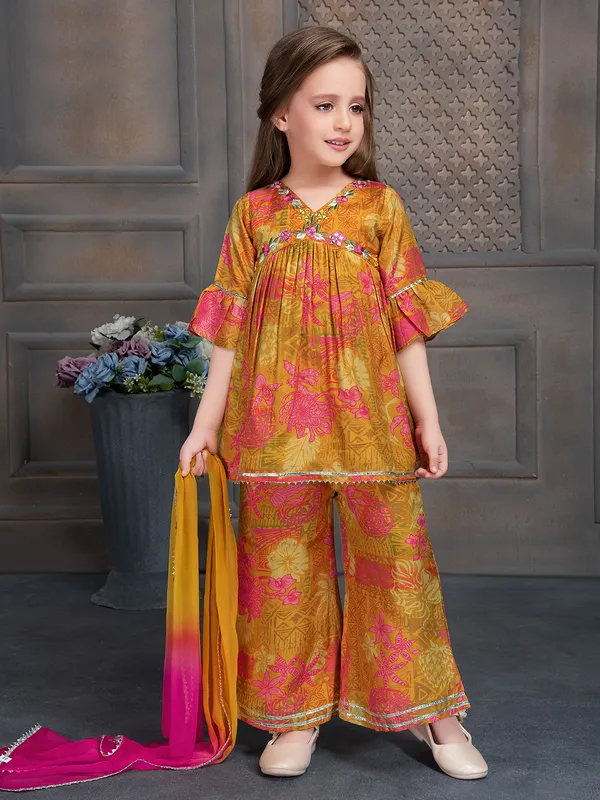 Printed silk mustard yellow palazzo suit