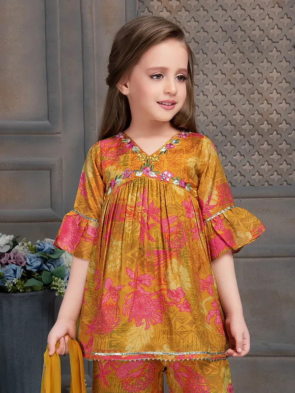 Printed silk mustard yellow palazzo suit