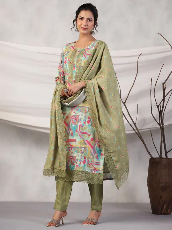 Printed silk olive kurti set