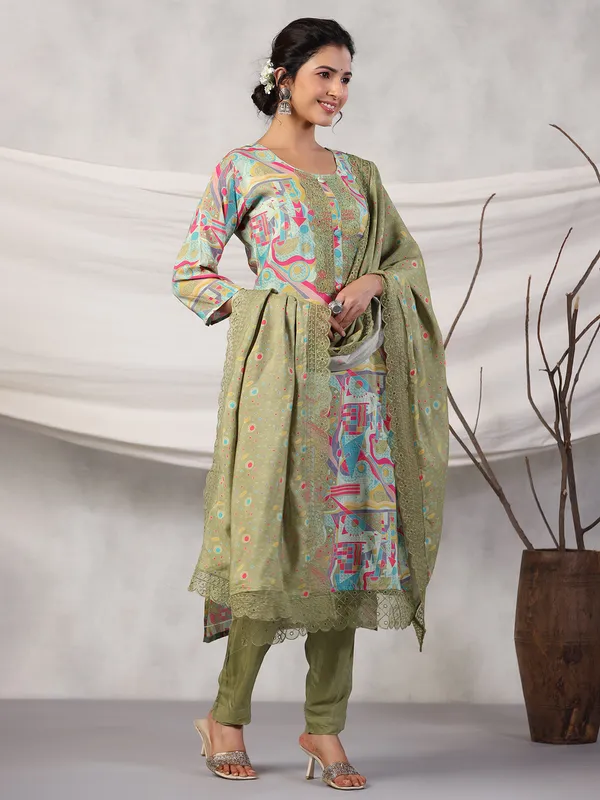 Printed silk olive kurti set