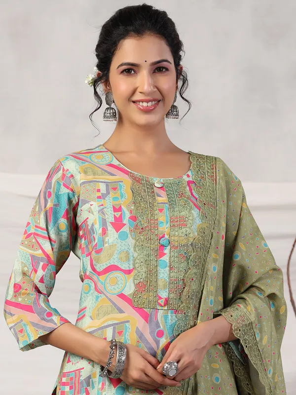 Printed silk olive kurti set