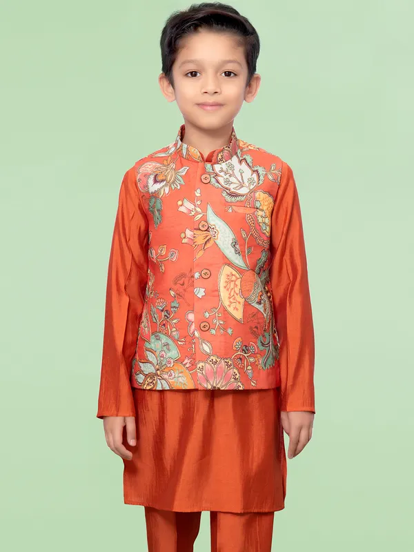 Printed silk orange waistcoat set for boys
