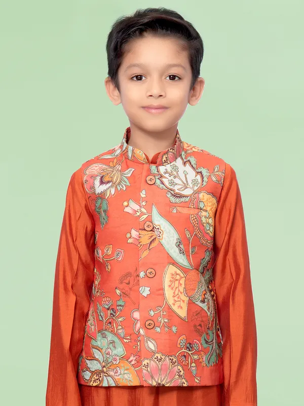 Printed silk orange waistcoat set for boys