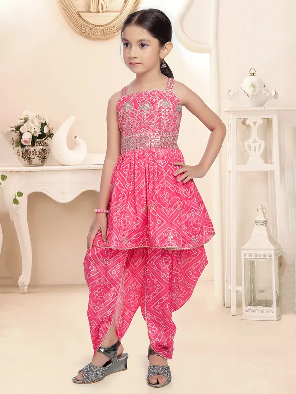 Printed silk pink dhoti suit
