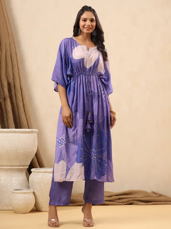 Printed silk purple kurti set