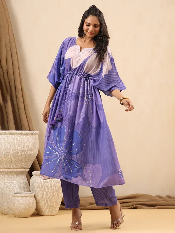 Printed silk purple kurti set