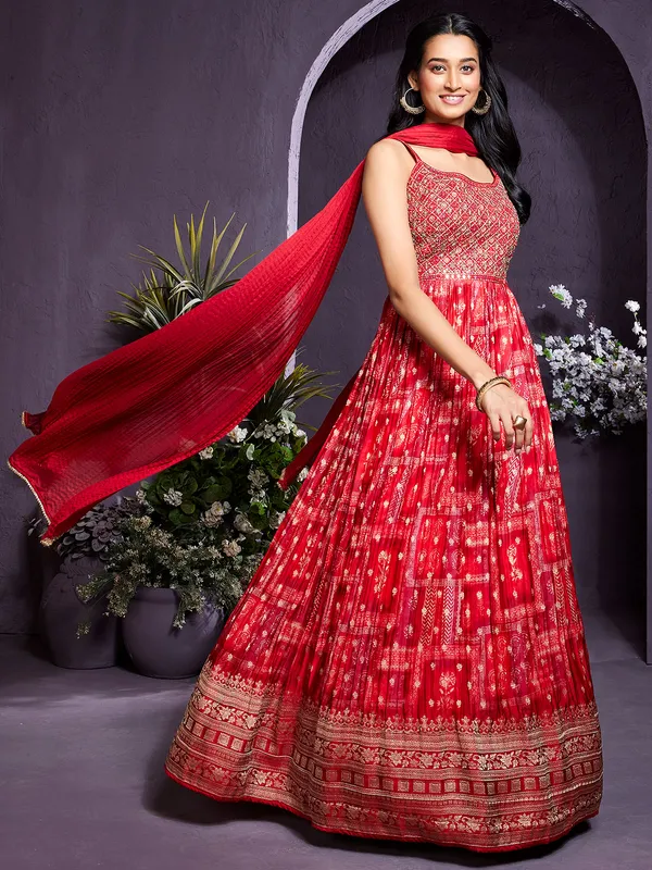 Printed silk red anarkali suit