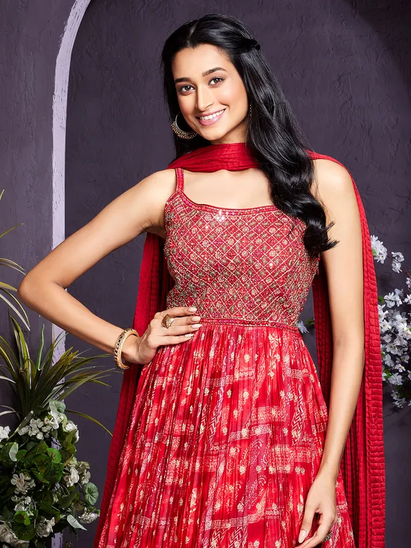 Printed silk red anarkali suit