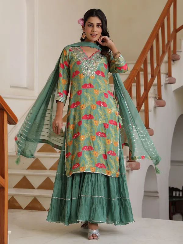 Printed silk sea green long kurti
