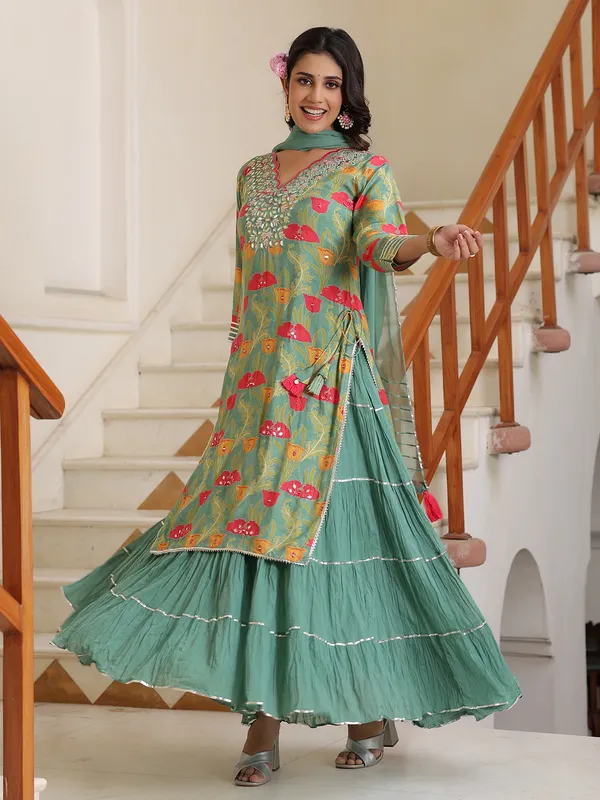 Printed silk sea green long kurti