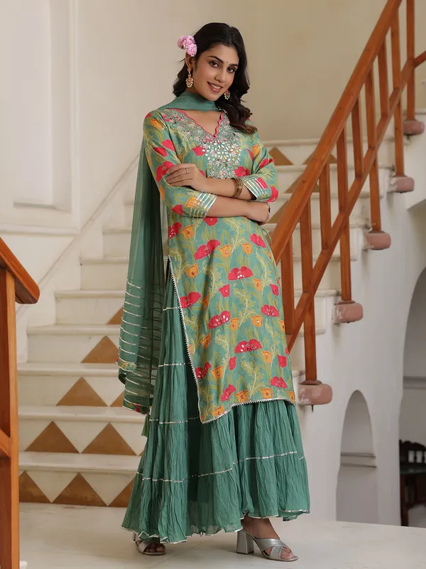 Printed silk sea green long kurti