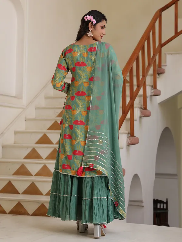Printed silk sea green long kurti