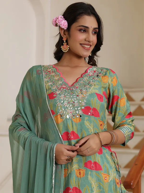 Printed silk sea green long kurti