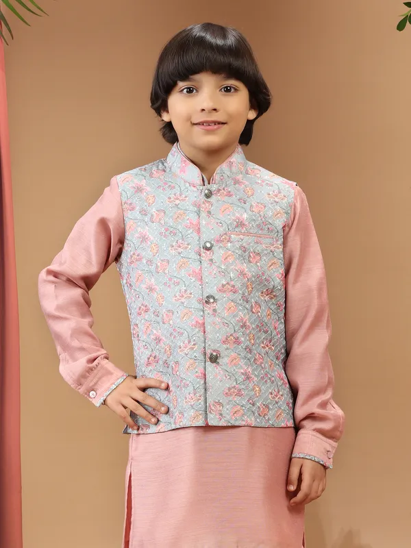 Printed silk sea green waistcoat set