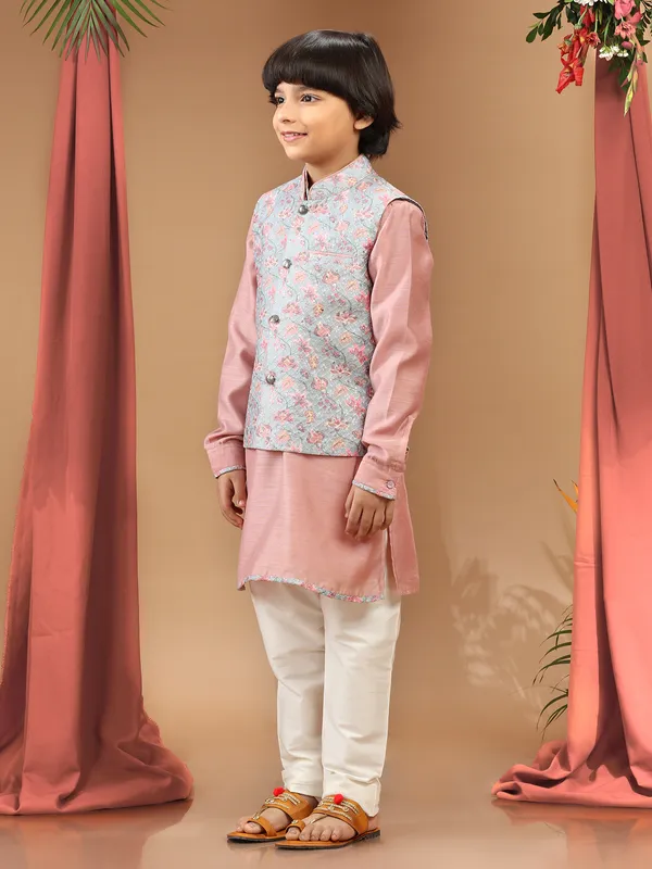 Printed silk sea green waistcoat set