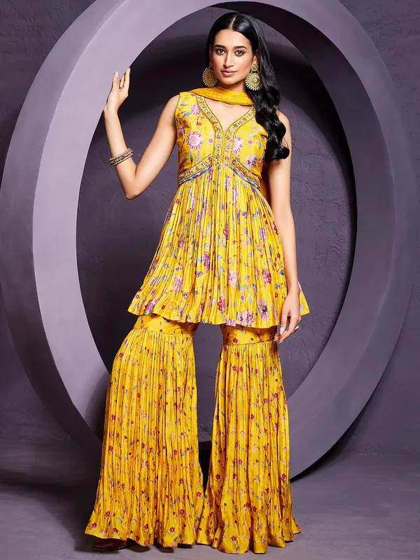 Printed silk yellow sharara suit