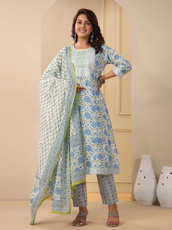 Printed sky blue and white kurti set