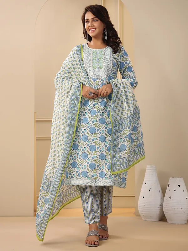 Printed sky blue and white kurti set
