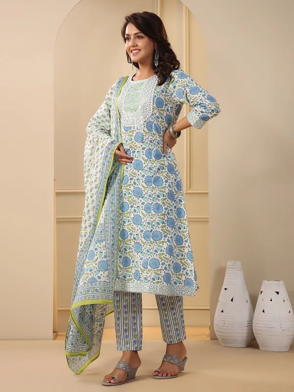 Printed sky blue and white kurti set