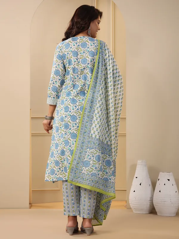 Printed sky blue and white kurti set