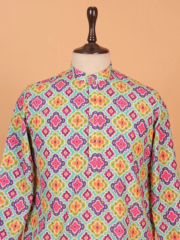 Printed sky blue cotton silk kurta set for men