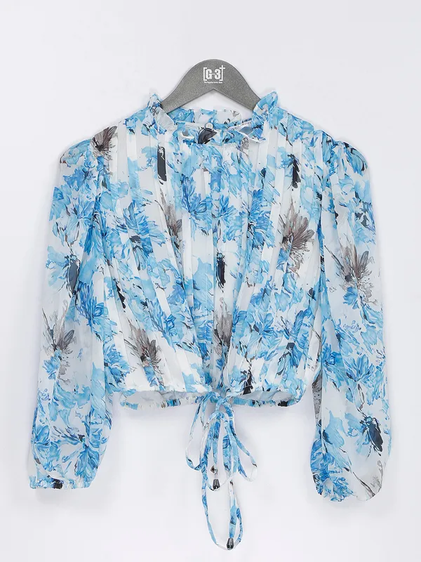 Printed sky blue georgette crop top