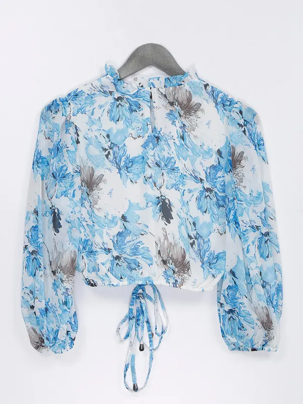 Printed sky blue georgette crop top