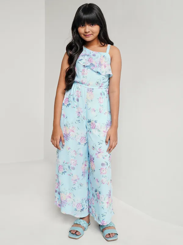 Printed sky blue georgette jumpsuit