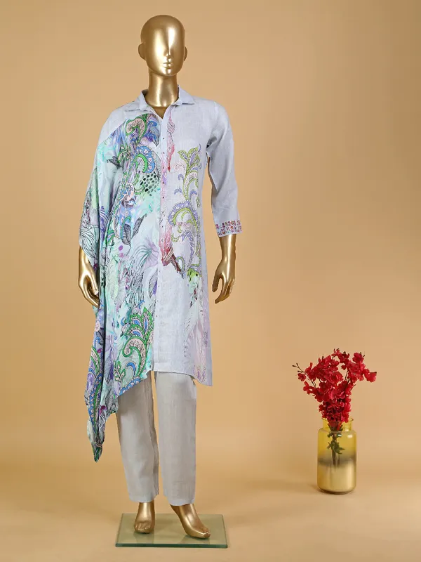 Printed sky blue kurti set in cotton