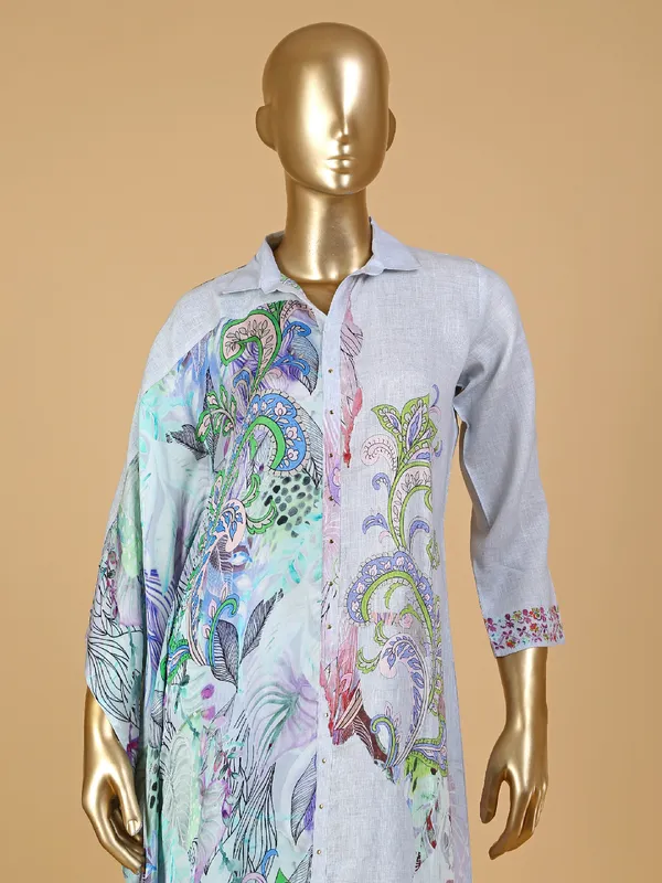 Printed sky blue kurti set in cotton