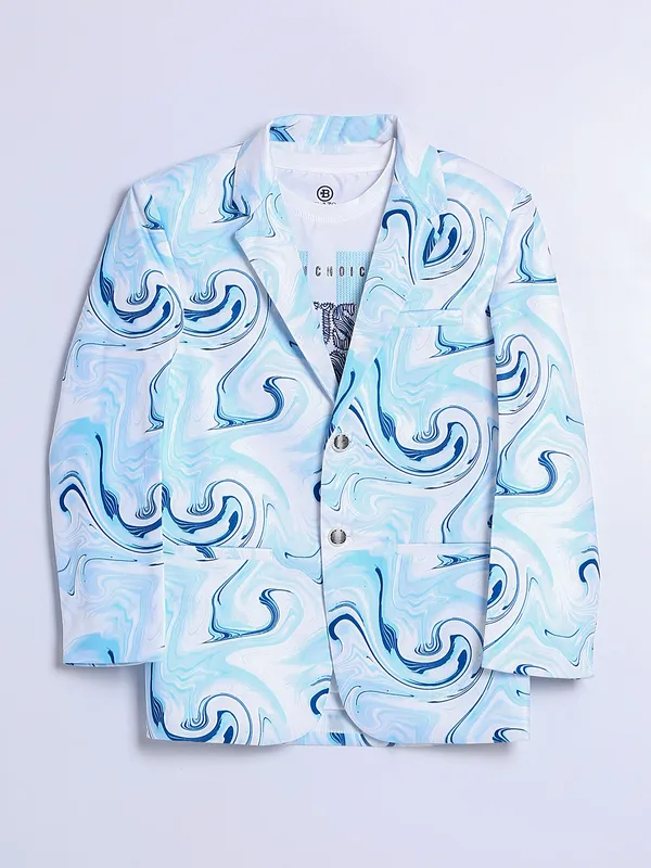 Printed sky blue terry rayon blazer