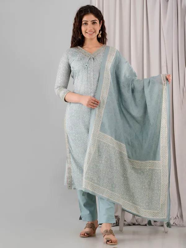 Printed stone blue cotton kurti set