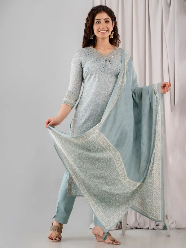 Printed stone blue cotton kurti set