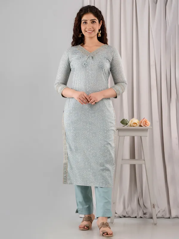 Printed stone blue cotton kurti set