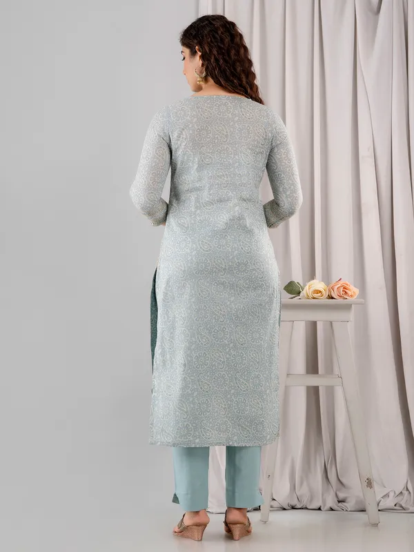 Printed stone blue cotton kurti set